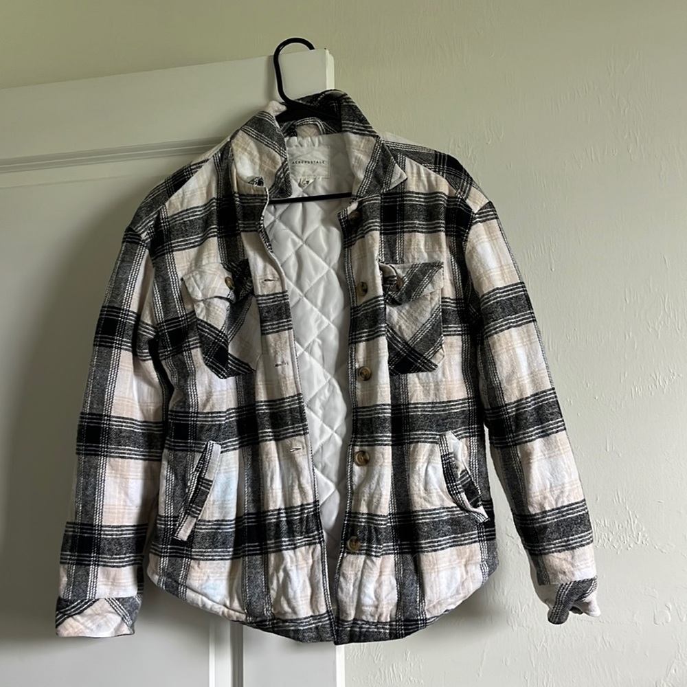 Aeropostale warm jacket buttons plaid colors worn once super cute size xs